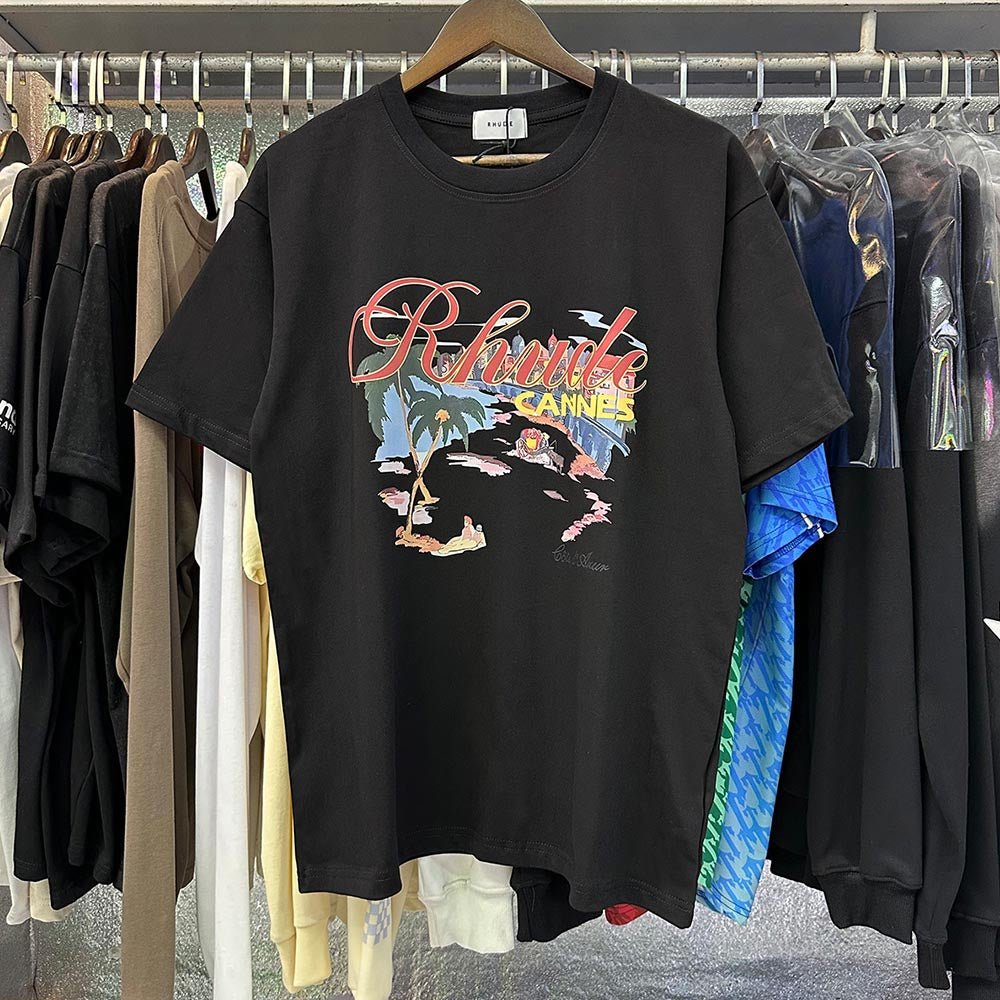 Rhude T-shirts Cannes Beach Coconut Printing Cotton Casual Short Sleeves Men and Women