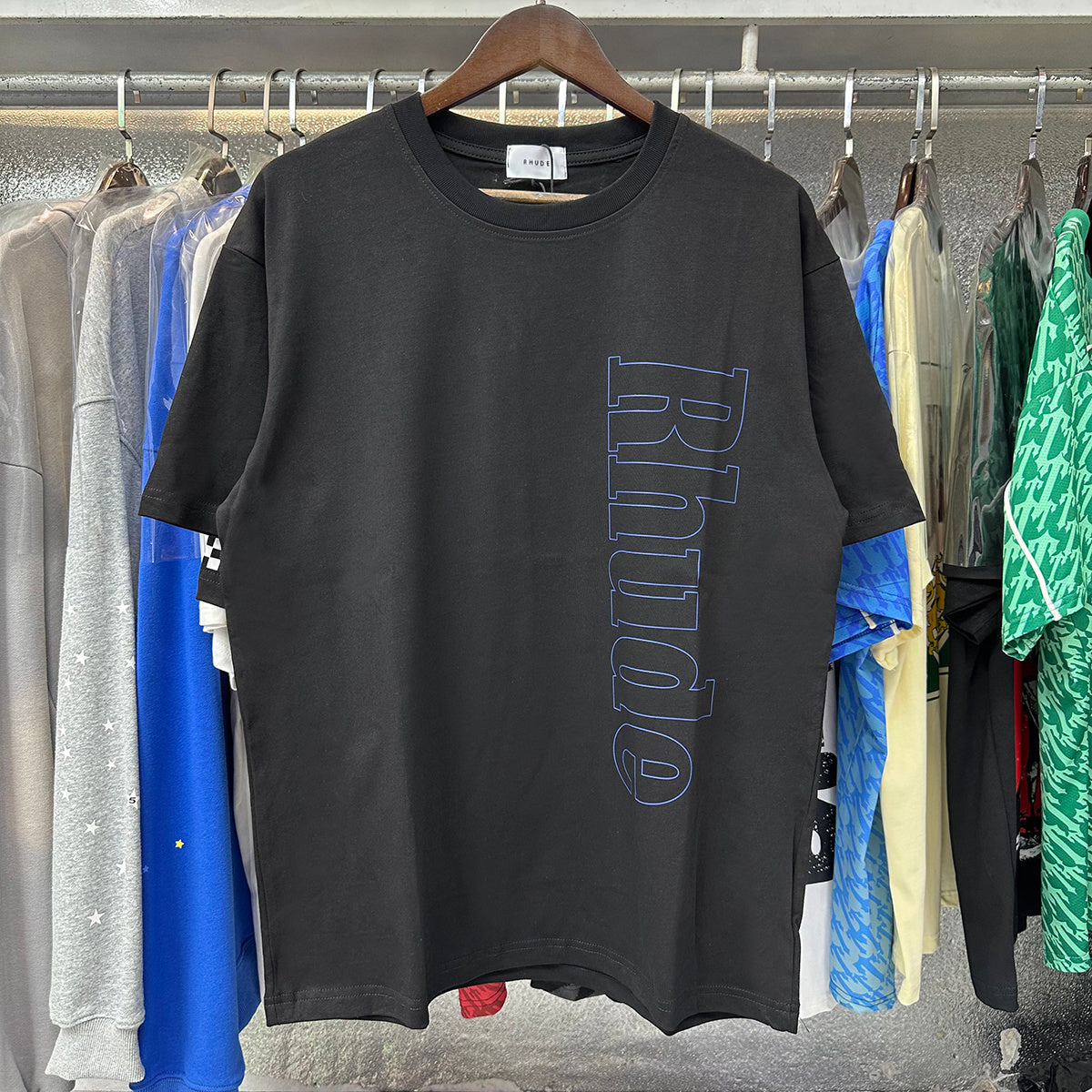 Rhude T-shirts Vertical Letter Printing Cotton Casual Short Sleeve Men and Women