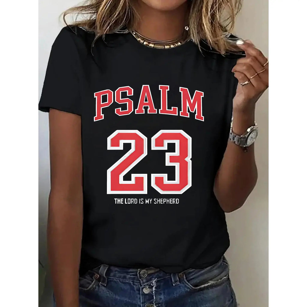 Women's 100% Casual T-Shirt with Psalm 23 Print - Round Neck, Short Sleeve, All-Season Comfort