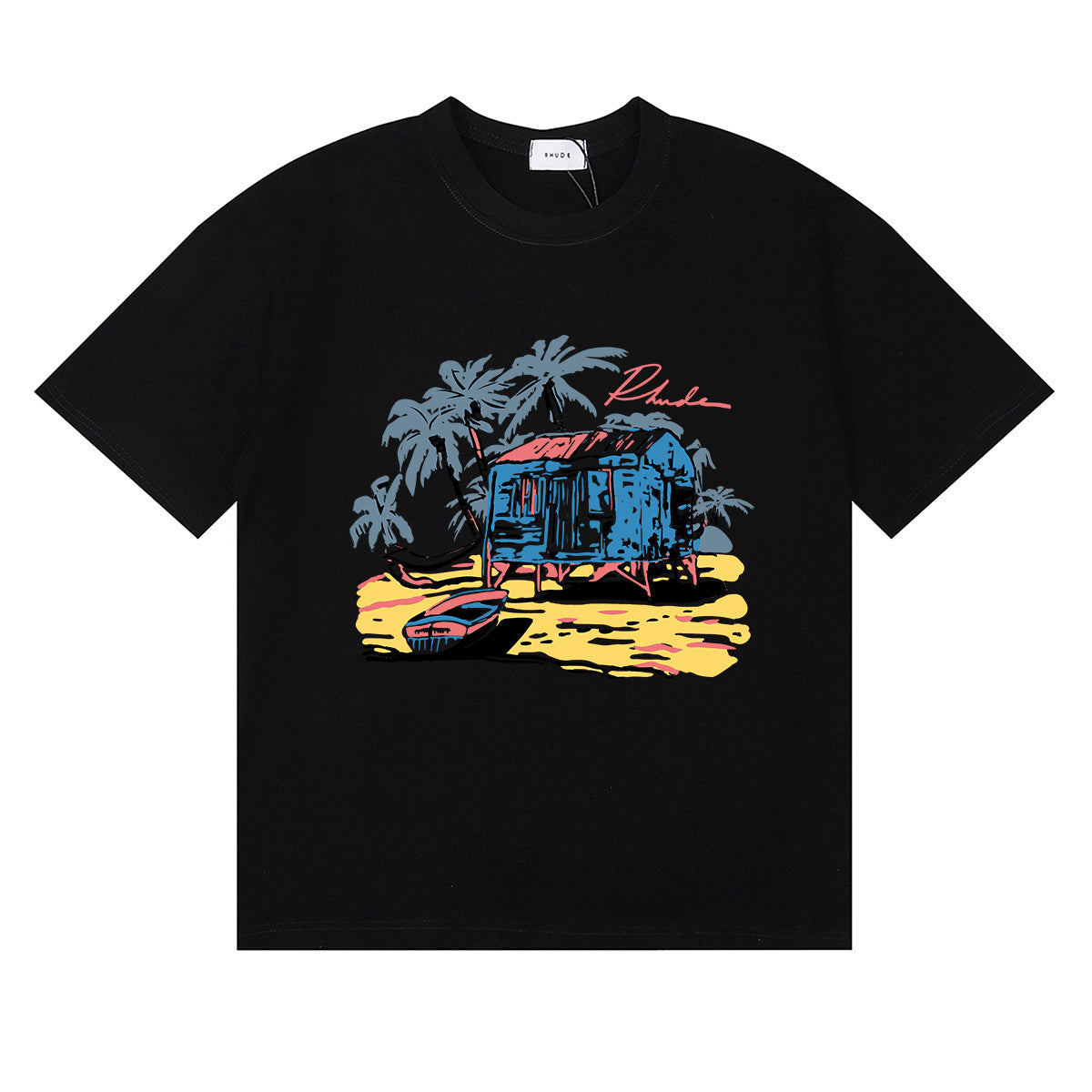 Rhude T-shirts Beach Coconut House Printed Cotton Casual Crew Neck Short Sleeve Men and Women