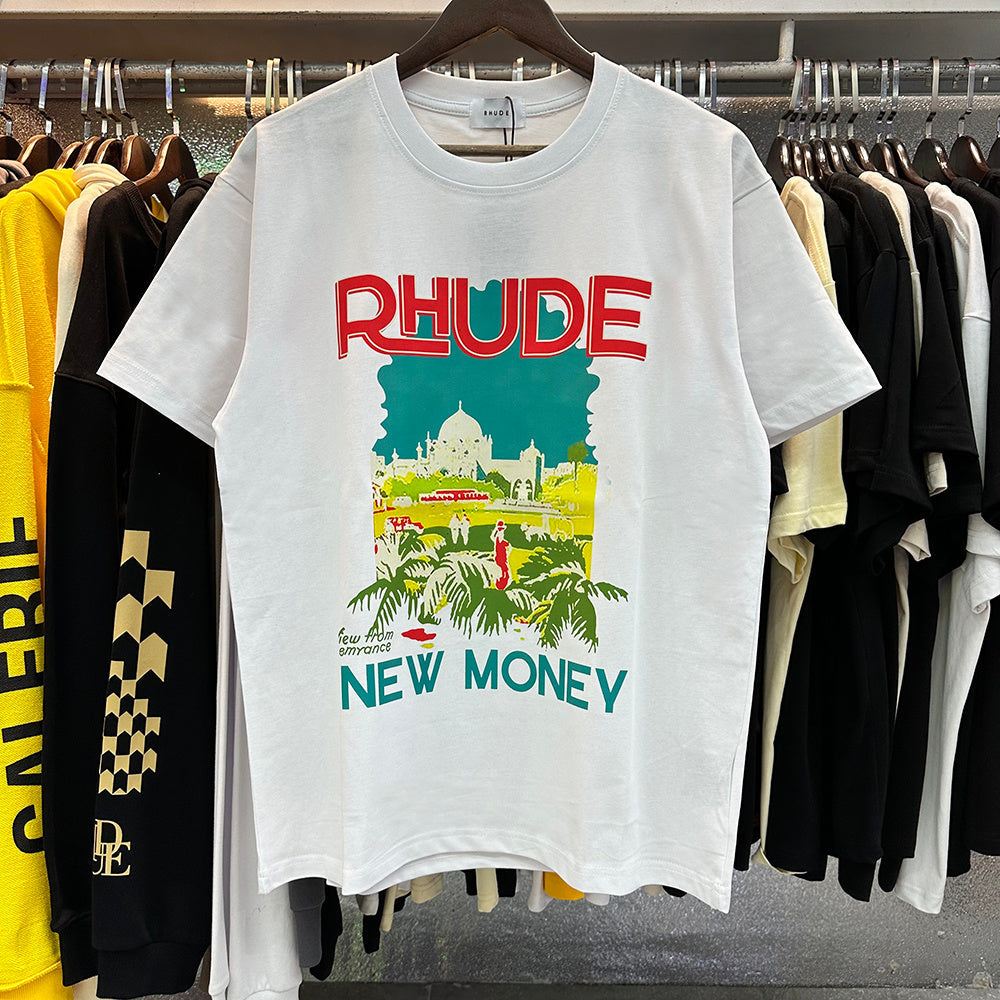 Rhude T-shirts Castle Coconut Windowsill Scenic Cotton Casual Loose Short Sleeve Men and Women