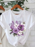 Lavender Purple Rose Green Leaf Bohemian Floral Print Graphic Tee for Women, Cute Nature Inspired Short Sleeve T-Shirt, Breathable Casual Round Neck Top for Spring Summer Daily Wear
