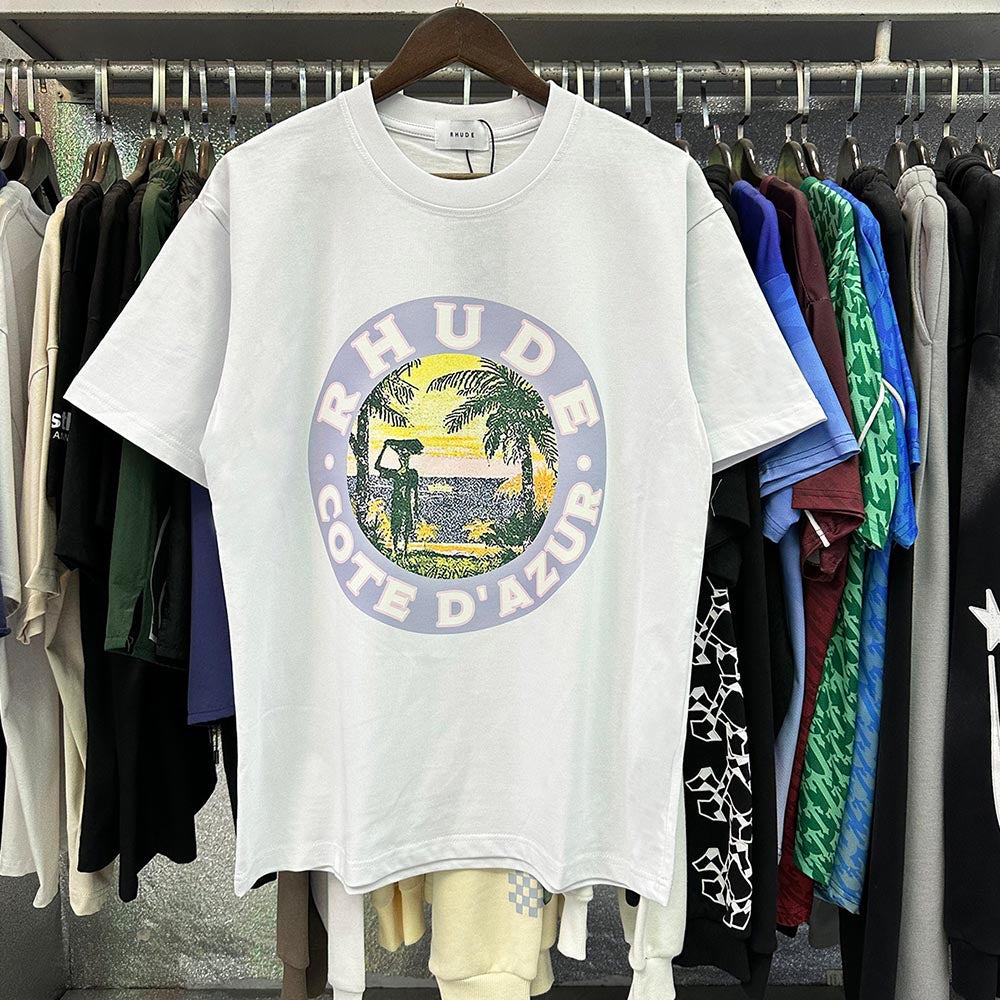 Rhude T-shirts Lake Coconut Landscape Print Cotton Casual Short Sleeve Men and Women