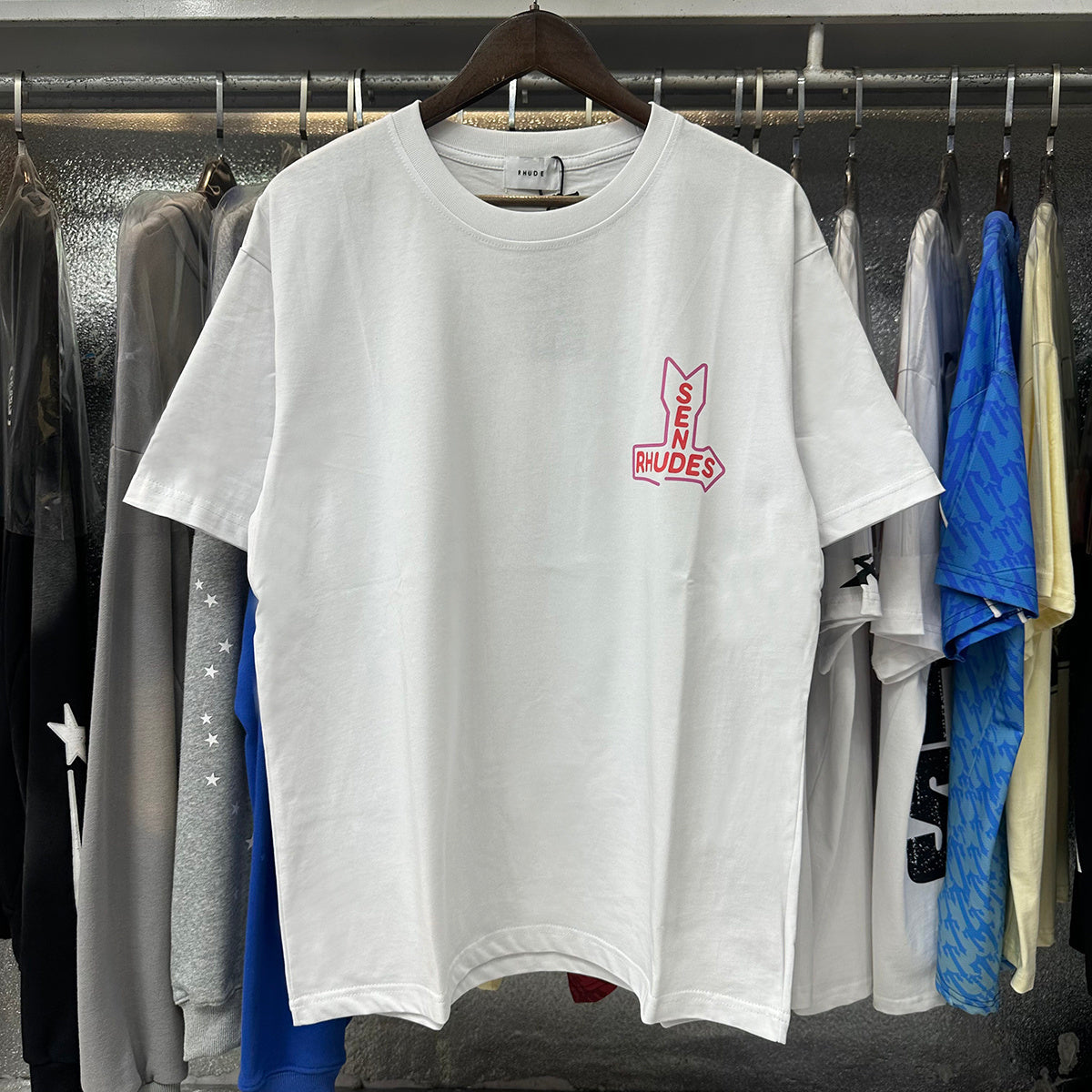Rhude T-shirts Sunday Morning Fever Pink Arrow Print Men's and Women's Crew Neck Short Sleeves