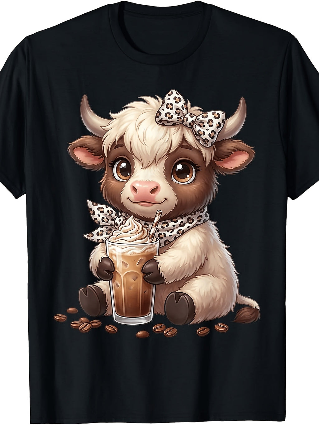 Cute Scottish Highland Cow Leopard Bow Iced Coffee Graphic T-Shirt, Unisex Cotton Crew Neck Short Sleeve Tee, Funny Farm Animal Casual Novelty Shirt, Gift For Cow And Coffee Lovers