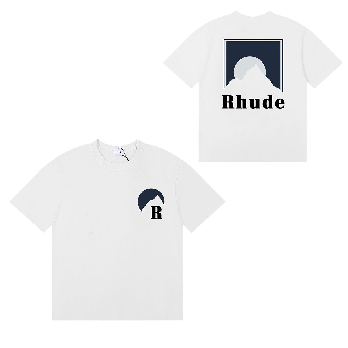 Rhude T-shirts Moonlight Blue Printed Cotton Casual Short Sleeve Men and Women