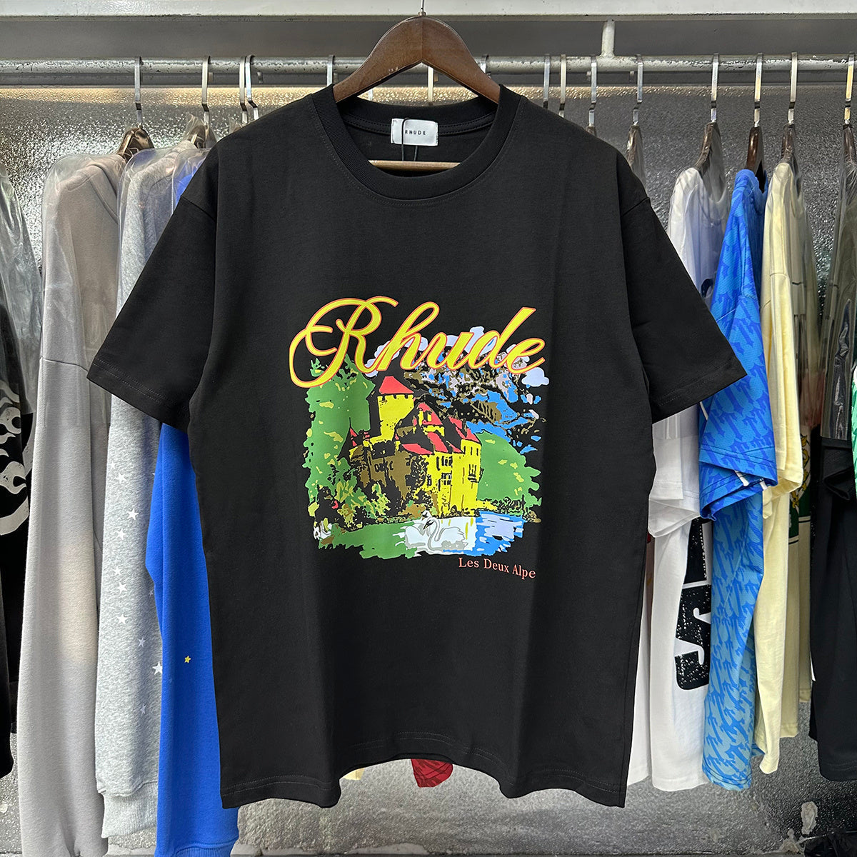 Rhude T-shirts Alpine Villa Printed Cotton Casual Short Sleeve Men and Women
