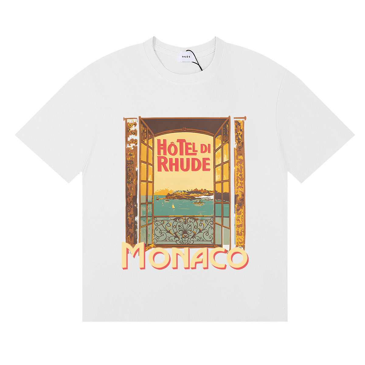 Rhude T-shirts Windowsill Seaview Printing Cotton Casual Short Sleeve Men and Women