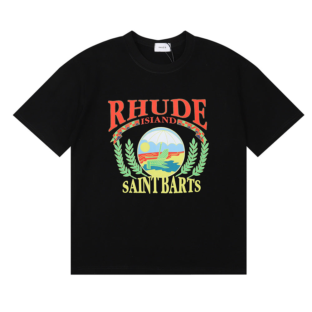 Rhude T-shirts Sunset Beach Pattern Printed Cotton Casual Short Sleeves Men and Women