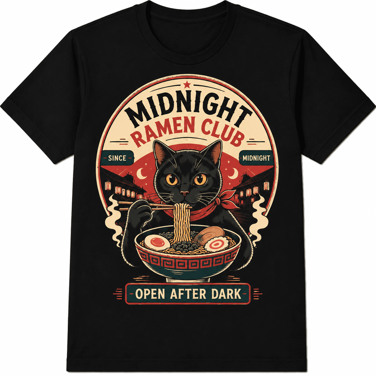 Black Cat Ramen Graphic T-Shirt for Men and Women, Vintage Food Lover Tee, Retro Noodle Bowl Print Casual Short Sleeve Top