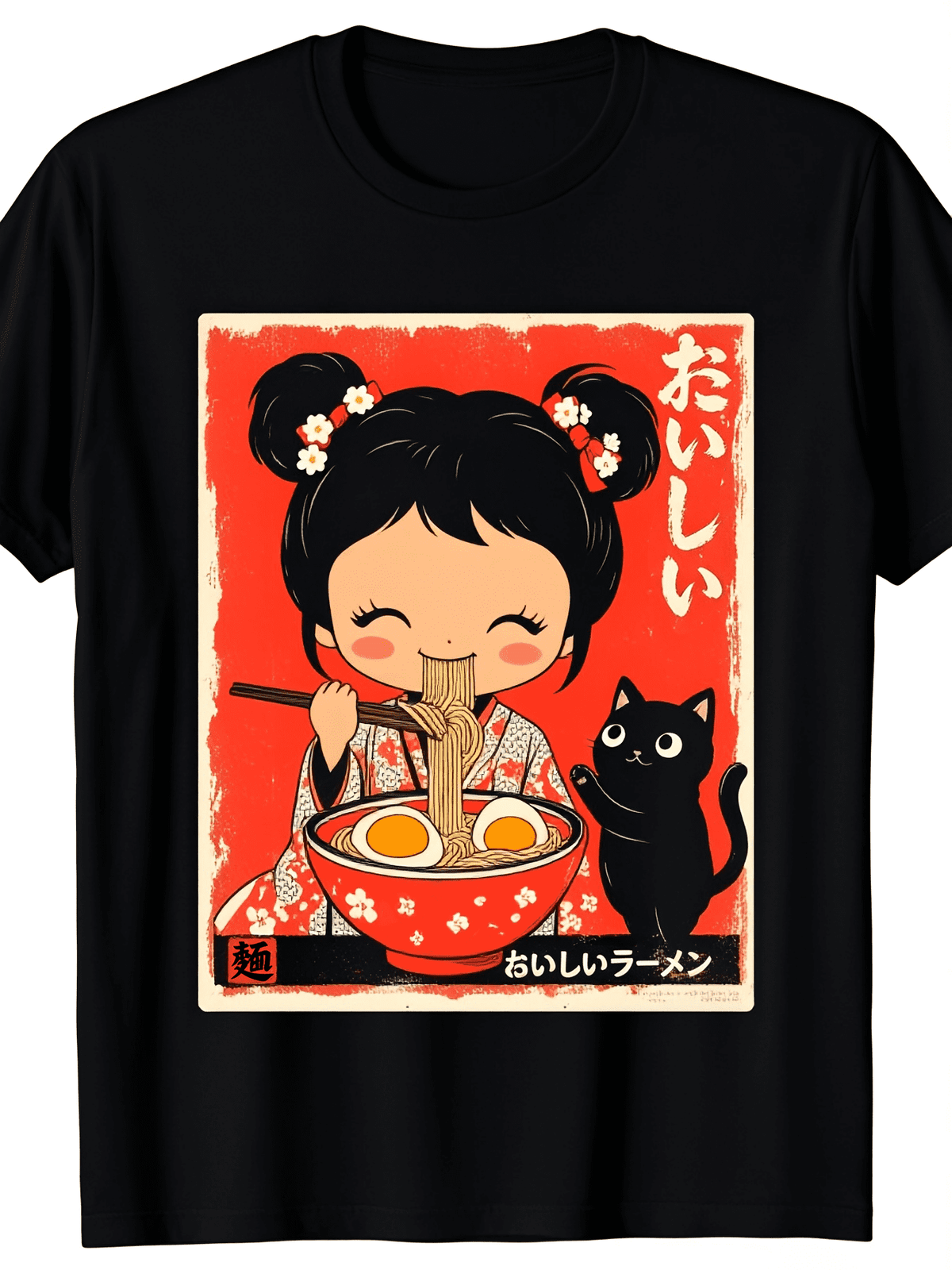 Cute Japanese Ramen Girl With Black Cat Graphic T‑Shirt, Retro Vintage Art Crewneck Short Sleeve Tee