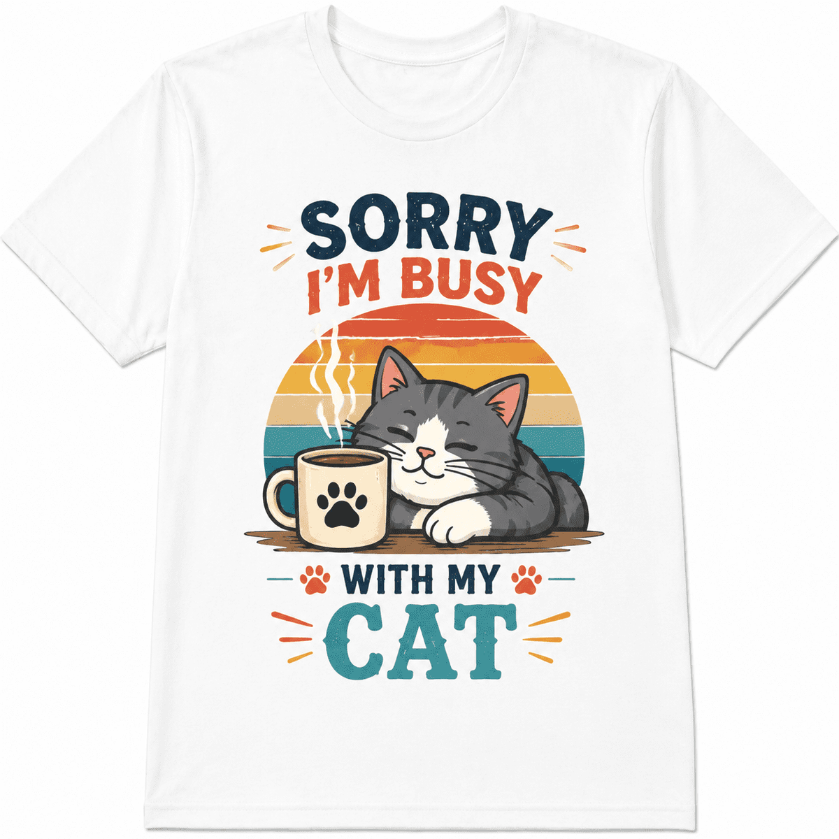 Funny Cat Lover Graphic T-Shirt, Sorry I'm Busy With My Cat Print Tee, Cute Coffee Cat Casual Short Sleeve Shirt for Women and Men
