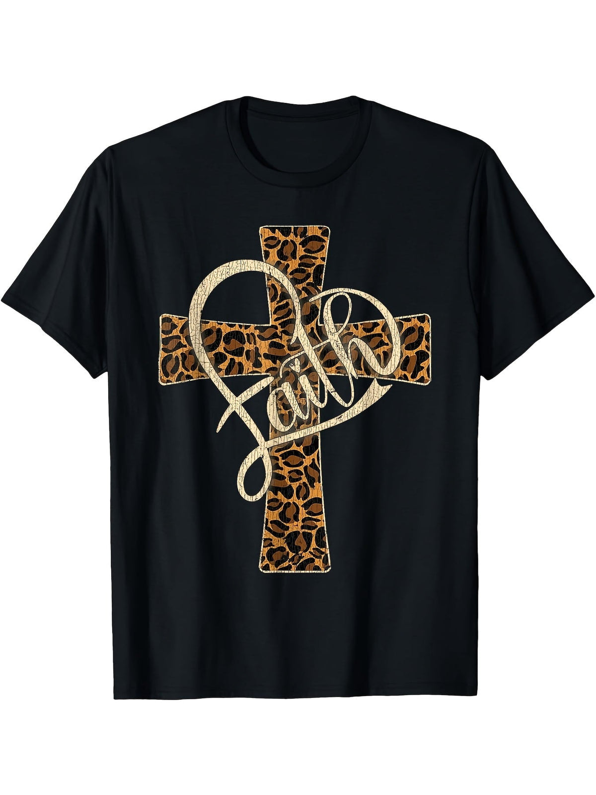 Leopard Print Cross Faith Heart Graphic T-Shirt Vintage Religious Casual Crewneck Unisex Daily Wear Top