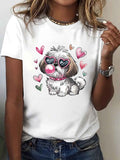 Shih Tzu with Heart Fashion Glasses Print T-Shirt for Women, Cute Puppy Dog Graphic Summer Short Sleeve Crew Neck Top, Soft Stretchy Casual Tee for Daily Wear