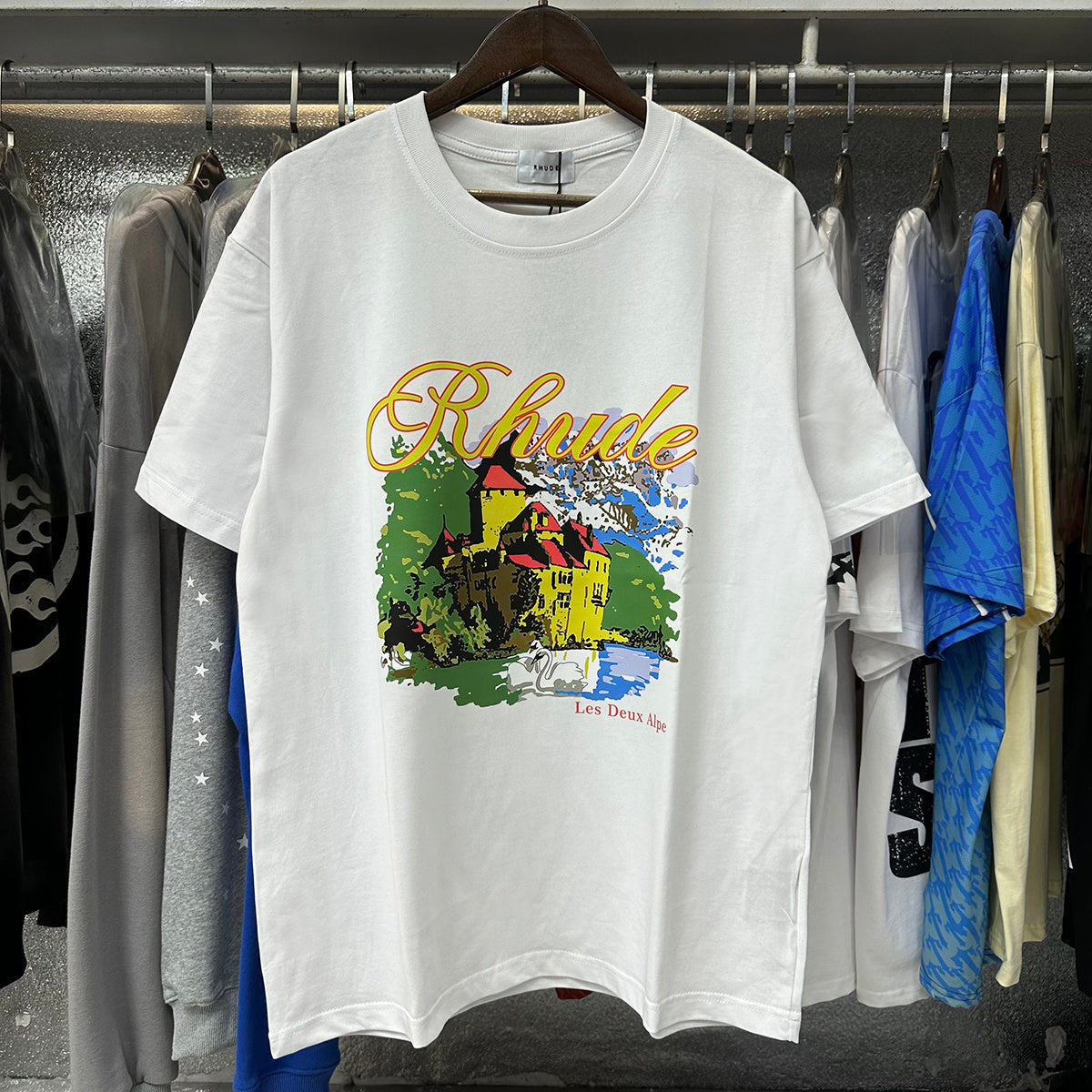 Rhude T-shirts Alpine Villa Printed Cotton Casual Short Sleeve Men and Women
