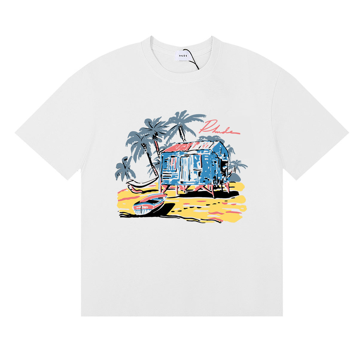 Rhude T-shirts Beach Coconut House Printed Cotton Casual Crew Neck Short Sleeve Men and Women