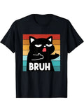 Funny Bruh Meme Black Cat Retro Sunset Graphic T-Shirt, Unisex Cotton Crew Neck Top, All Season Graphic Tee, Casual Apparel For Cat Lovers And Internet Meme Enthusiasts