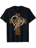 Leopard Print Cross Faith Heart Graphic T-Shirt Vintage Religious Casual Crewneck Unisex Daily Wear Top