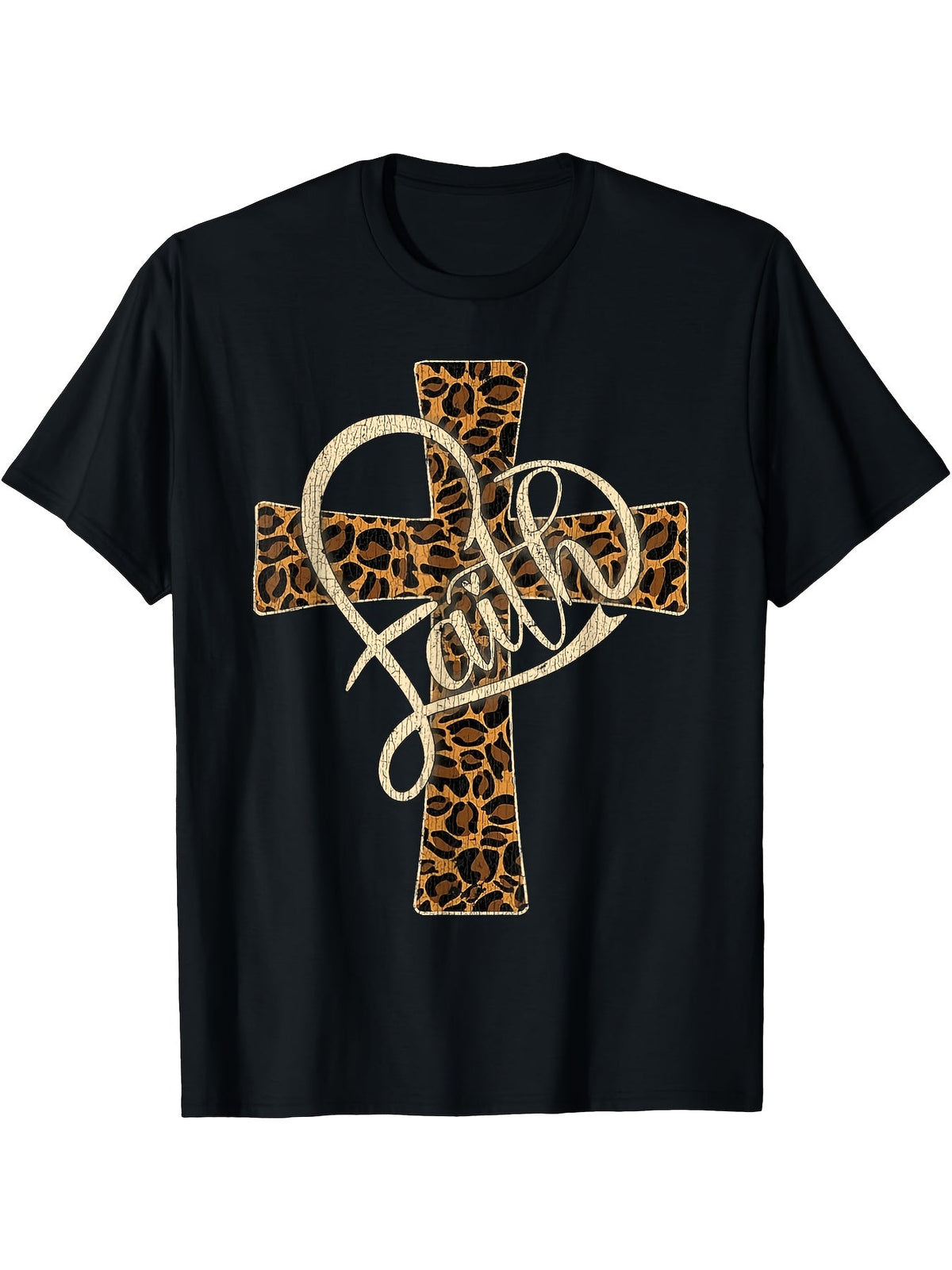 Leopard Print Cross Faith Heart Graphic T-Shirt Vintage Religious Casual Crewneck Unisex Daily Wear Top
