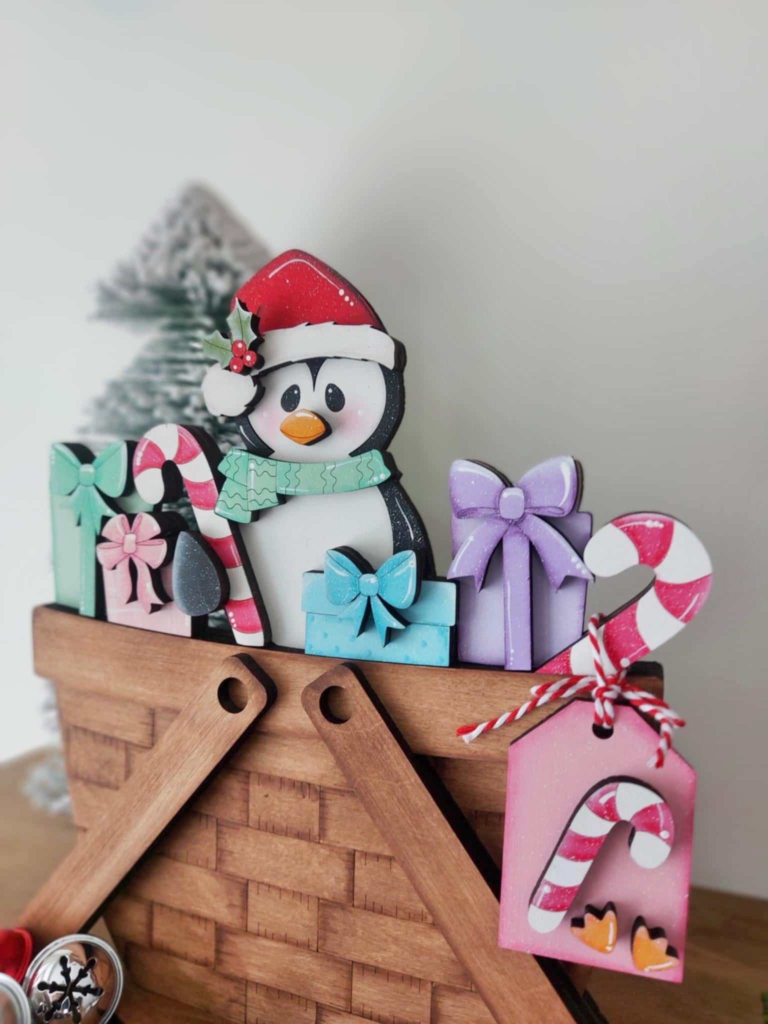 Penguin Christmas For The Flower Basket Interchangeable File SVG, TINY Santa Candy Cane Presents Tiered Tray, Glowforge, LuckyHeartDesignsCo
